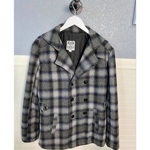 XRAY Gray Plaid Cross Embroidered Button Down Pea Coat Women's Size Large
